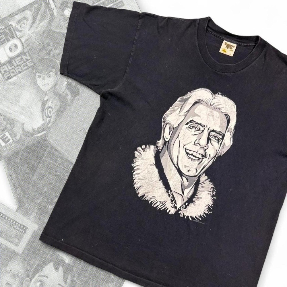 Vintage 90s Ric Flair WCW Wrestling Shirt Autograph Single Stitch Black Tee XL